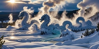 Amidst the February frost of Yellowstone, envision a mesmerizing spectacle as geothermal vents exhale plumes of steam, gracefully morphing into the sinuous form of majestic dragons. Against the wintry backdrop, these ethereal creatures emerge, their serpentine bodies intertwining with the vaporous tendrils. Nature's alchemy transforms geysers into mythical beings, evoking a sense of magic in the cold air. In this enchanting scene, the merging of natural wonders and fantastical imagery creates a unique and ephemeral moment, where the raw power of geothermal forces mirrors the mythical allure of dragons in the heart of winter.,<lora:659095807385103906:1.0>,<lora:659095807385103906:1.0>