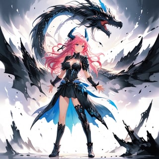 stylized ink painting and digital anime painting, eastern dragon, ink painting, 1dragon girl, young adult, 22yo, tall, skinny, busty, pink long wavy messy hair, large breasts, weaing a medieval dragonic armored dress, ray tracing, waterflall,  group of Velociraptors, 8k, realistic, standing with arms behind back, masterpiece, best quality,aesthetic,1dragon girl,dragon,,,,,,1dragon,,RitterBalberith,,,<lora:659095807385103906:1.0>