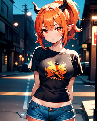 (dragon daughter theme:1.3),(masterpiece, top quality, best quality, official art, beautiful and aesthetic:1.2), hdr, high contrast, ultra high res, 1girl, solo, orange hair, pony tailhair, bulnt hair, bulunt ponytail hair, looking at viewer, brown eyes, upper body, parted lips, busty, blurry, lips, film noir, fantasy, dragon horns:1.3,dynamic, standng with arms behind back, noir, mafia, yakuza, ((T shirt, denim shorts:1.4)),finger detailed, background detailed, ambient lighting, extreme detailed, cinematic shot, realistic ilustration, (soothing tones:1.3), (hyperdetailed:1.2),tan skin,(tan skin:1.6),portrait,green theme