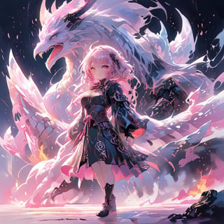 stylized ink painting and digital anime painting, eastern dragon, ink painting, 1dragon girl, young adult, 22yo, tall, skinny, busty, pink long wavy messy hair, large breasts, weaing a medieval dragonic armored dress, ray tracing, waterflall,  group of Velociraptors, 8k, realistic, standing with arms behind back, masterpiece, best quality,aesthetic,1dragon girl,dragon,,,,,,1dragon,,RitterBalberith,,2b-Eimi,,Flat vector art,,<lora:659095807385103906:1.0>