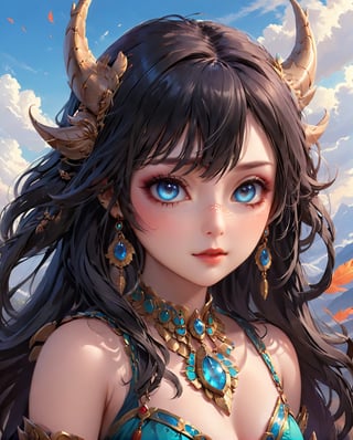 (best quality,8K,highres,masterpiece), ultra-detailed, (realistic portrait) of a girl, solo, showcasing long, flowing black hair and captivating blue eyes that hold the viewer's gaze. This portrait emphasizes her striking features enhanced by meticulous makeup, including vivid lipstick that accentuates her lips. She wears exquisite jewelry, a necklace that complements her attire, and is adorned with a unique headdress featuring feathers, adding a majestic and ethereal quality to her appearance. The inclusion of a mask and face paint draws inspiration from Native American traditions, enriching the portrait with cultural depth and significance. The overall composition is a celebration of beauty, tradition, and the artistry of makeup and adornment, rendered with lifelike precision and attention to detail.,baby dragon,1dragon girl,1dragon,ani_booster