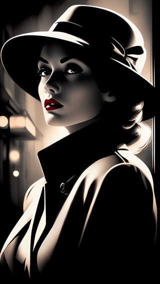 Create a film noir-inspired contemporary digital art piece featuring a captivating female portrait that embodies the essence of mystery and intrigue. Envision a scene set in the gritty urban landscape of a noir film, where shadows play with light to create a dramatic atmosphere. The female subject should exude a sense of enigma and sophistication, with subtle hints of vulnerability beneath her confident exterior. Incorporate elements like cityscapes at night, vintage film noir aesthetics such as fedoras or trench coats, and moody lighting to enhance the noir theme. Utilize a monochromatic or sepia color palette with occasional pops of deep red or noir-inspired hues to add depth and contrast. Capture the essence of femme fatale allure and cinematic drama in this modern interpretation of film noir through digital art.