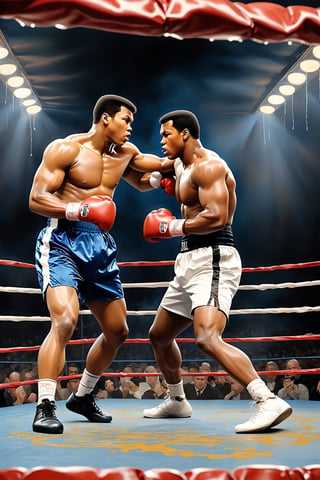 (boxing theme:1.5), (fight of the century:1.5), (big match:1.5), (all or nothing:1.5), (Muhammad Ali vs Mike Tyson:1.5), (super heavyweight title match: 1.5), (boxing ring:1.5), (2male boxing fighter:1.5), 2musclar boxing fighter, hyper mascular body, dynamic, sweat, glossy skin, dynamic fighting pose, cowboy shot, photorealistic, ultrarealistic, oil painting, dropped painting, ultradetailed, hyper sharp, best qulity , masterpiece,BJ_Oil_painting,Flat vector art,oil paint ,dripping paint