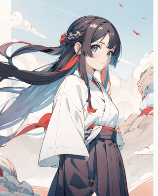 masterpiece, absurdres, best quality, high resolution, Color Booster, pastel color, niji,1girl, stunnning beautiful girl. 22yo, black straight long hair, taisyo roman, hakama, 2D,flat color,illustration,anime,fern