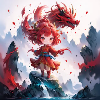 1dragon girl in chinese moutain top, wearing a red cheongsam dress with small gold detailed, eastern chibi dragon, waterfall, ((centered image)), fantasy, realistic,,,ani_booster,,,,painted world,,,,,,,,,,1dragon,art_booster,chibi,,<lora:659095807385103906:1.0>