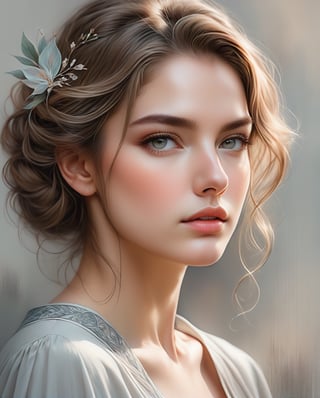 A beautifully rendered pastel color  pencil art portrait of a woman with a captivating gaze. The illustration showcases her delicate facial features, with soft shading and detailing that brings the image to life. The background is a subtle blend of gray tones, drawing focus to the woman's captivating expression and the intricate strands of her hair. The overall effect is a timeless, elegant piece that captures the essence of the subject's soul.,1girl,artint