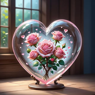 
Create a captivating illustration featuring a delicate fusion of a glass heart and a vibrant bouquet of pink roses. The ethereal transparency of the glass heart should reflect the tender emotions within, while the pink roses symbolize love and passion. Let the juxtaposition of fragility and vibrancy evoke a sense of beauty and romance. Utilize soft hues to enhance the dreamlike atmosphere, ensuring that the artwork conveys a harmonious blend of transparency and the alluring charm of blooming roses, making it a visual ode to love and tenderness.