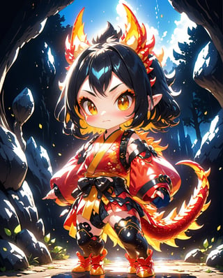 (dragon girl theme:1.5),best quality, masterpiece, beautiful and aesthetic, vibrant color, Exquisite details and textures, Warm tone, ultra realistic illustration, (cute asian dragon ninja girl:1.5), wearing a ninja outfit, chibi emote, cute eyes, big eyes, cinematic lighting, ambient lighting, sidelighting, cinematic shot, siena natural ratio, anime style, Full length view, holding_katana, fighting pose,3D,Cartoon, jungle,skpleonardostyle,baby dragon