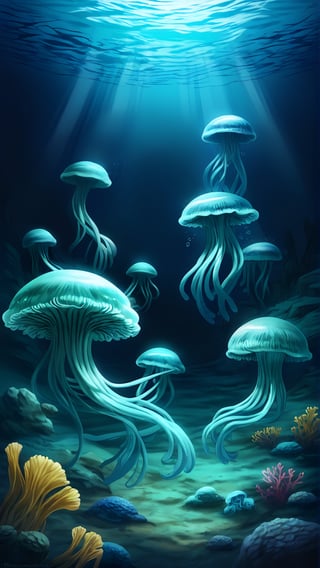 Create a mesmerizing digital illustration capturing the mysterious beauty of the deep sea. Start with a dark, underwater landscape, emphasizing the depths and vastness of the ocean. Introduce ethereal jellyfish floating gracefully, their translucent bodies glowing with bioluminescent light that illuminates the surrounding water.

Use a color palette of deep blues and greens to convey the ocean's depth, with hints of bioluminescent hues like soft greens, blues, and purples for the jellyfish. Add subtle glimmers and reflections to mimic the play of light underwater, creating a sense of movement and life in the scene.

Focus on the contrast between the dark, serene depths and the gentle, otherworldly glow of the jellyfish to evoke a sense of wonder and tranquility. Incorporate intricate details in the jellyfish tentacles and the surrounding marine life to enhance the realism and depth of the illustration, making it a captivating piece of digital art.