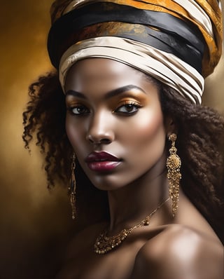 Create a powerful modern art piece by infusing Rembrandt's style into a depiction of a contemporary black woman. Embrace Rembrandt's chiaroscuro technique to illuminate her features, capturing the richness of her skin tone and the intricate details of her expression. Adorn her in contemporary fashion that resonates with cultural significance, blending traditional elements with modern aesthetics. Utilize Rembrandt's intimate storytelling to convey a narrative that celebrates diversity, resilience, or personal triumphs. Pay meticulous attention to the play of light, emphasizing both the individuality of the subject and the universality of human experiences. This prompt challenges the artist to bridge the gap between classical artistry and the vibrant realities of the present day.