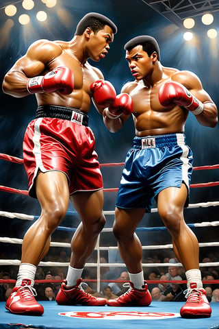 (boxing theme:1.5), (fight of the century:1.5), (big match:1.5), (all or nothing:1.5), (Muhammad Ali vs Mike Tyson:1.5), (super heavyweight title match: 1.5), (boxing ring:1.5), (2male boxing fighter:1.5), 2musclar boxing fighter, hyper mascular body, dynamic, sweat, glossy skin, dynamic fighting pose, cowboy shot, photorealistic, ultrarealistic, oil painting, dropped painting, ultradetailed, hyper sharp, best qulity , masterpiece,BJ_Oil_painting,Flat vector art,oil paint ,dripping paint