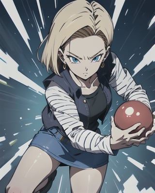 (best quality), (masterpiece),ultra-detailed,
1girl solo,and18, 1girl, android 18, solo, blonde hair, blue eyes, short hair, earrings, jewelry, denim vest, open vest, black pantyhose, black shirt, denim skirt, striped long sleeves, blue skirt, large breasts
emphasis lines,motion lines,(swirling:1.2) ,
 kamehameha, charging,energy ball, electricity, aura, dynbamic, kamehameha, Android_18_DB, casual wear, charging, casual wear,  look at viewer,  energy ball, ,LINEART,and18