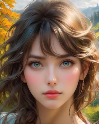 A captivating, hyperrealistic digital painting of a stunningly beautiful girl, featuring a delicate and perfect face with reflective eyes that seem to gleam. The artwork masterfully combines the styles of Arthur Rackham and Antoine Blanchard, resulting in a vibrant and colorful masterpiece. The background features a lush landscape with a mix of bright and vibrant colors, creating a dynamic and eye-catching scene. The center of the image is the girl, with a sharp focus on her face, revealing the incredible level of detail and smoothness in the painting. This hyperrealistic illustration is a stunning work of art, perfected to 8k resolution., illustration, conceptual art