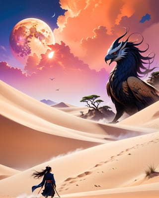 Imagine a spellbinding and hyper-realistic illustration that harmoniously merges the sweeping, desert landscapes of the world of Dune with the mythical creatures of ancient Japan. Picture a vast, sandy expanse reminiscent of the iconic planet, dotted with colossal sand dunes and craggy rock formations. Rising majestically from the arid terrain are ethereal and ancient Japanese mythological creatures—perhaps a Kirin or a Tengu—endowed with intricate details that seamlessly integrate with the harsh beauty of the desert environment. The soft hues of the sunset casting long shadows on the mythical beings create a mesmerizing interplay of light and shadow. This illustration, blending the futuristic allure of Dune with the mystical charm of ancient Japanese folklore, promises to transport viewers to a realm where science fiction and ancient myth converge in an awe-inspiring visual symphony.