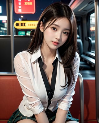 (upper body shot portrait:1.3), (extra long straight hair with parted bangs:1.3), (beautiful chiny black thin hair:1.3), ((centered image)), a stunning beautiful and busty woman, 20yo, 
BREAK, 
((Night bus:1.5)), (in the bus:1.5), (looking at the viewer:1.3), (sitting on the seat:1.4),(pose with hands between legs:1.3),(from above:1.0),(upturned eyes:1.3), 
BREAK,
 masterpiece, best quality, highres, baeautiful aesthetic, 1girl, Korean hot model, looking at viewer:1.3, (bright smile:1.2), wearing ((school uniform)),(blazer, collared shirt, plaid pattern printed pleated skirt), (green thme:1.3), realistic, busty,(narrow waist:1.3), (thin legs:1.3), professional gravure photo, parted lips, glossy juicy lips, pink lips, , Realism, photo of perfecteyes eyes,komi_sch