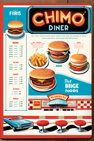 Let's dive into the retro charm of an 1980s American diner with a table menu design that embodies the era's iconic aesthetic. Picture a laminated menu adorned with bold, colorful graphics and playful typography, reminiscent of neon signs and vintage advertisements. The menu layout features a classic diner motif with checkered borders and chrome accents, evoking nostalgia for the era's vibrant dining scene. Highlighting the era's beloved comfort foods, the menu showcases mouthwatering illustrations of juicy burgers, crispy fries, and decadent milkshakes, accompanied by catchy descriptions that capture the essence of each dish. Tucked between the menu items, playful nods to '80s pop culture add a touch of whimsy and nostalgia, inviting diners to reminisce as they peruse the offerings.