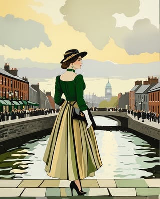 Transport yourself to early 1900s Dublin and conjure a captivating portrait that encapsulates the spirit of the era. Envision a woman, adorned in the fashion of the time, against the backdrop of cobbled streets and vintage architecture. Infuse the scene with the warm glow of gas lamps, capturing the city's atmospheric charm. Perhaps she gazes wistfully towards the River Liffey or contemplates the pages of a Yeats poem. Embrace the subtle elegance of Edwardian fashion, with a hint of rebellion reminiscent of the Irish literary renaissance. Craft a narrative in pixels that echoes the grace and complexity of a woman navigating the cultural and historical tapestry of Dublin in the early 1900s.