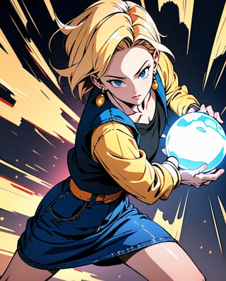 (best quality), (masterpiece),ultra-detailed,
1girl solo,and18, 1girl, android 18, solo, blonde hair, blue eyes, short hair, earrings, jewelry, denim vest, open vest, black pantyhose, black shirt, denim skirt, striped long sleeves, blue skirt, large breasts
emphasis lines,motion lines,(swirling:1.2) ,
 kamehameha, charging,energy ball, electricity, aura, dynbamic, kamehameha, Android_18_DB, casual wear, charging, casual wear,  look at viewer,  energy ball, ,LINEART,and18