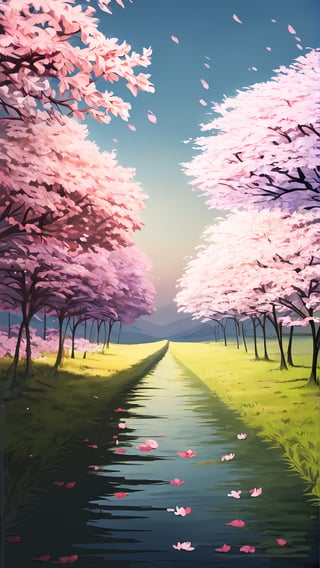 Create a captivating LOFI digital landscape illustration featuring a serene sunset, a solitary cherry blossom tree, and cherry blossom petals fluttering in the wind. Imagine a peaceful scene with the sun setting in warm hues of orange and pink, casting a gentle glow over the landscape.

Place a single cherry blossom tree in the foreground, its delicate pink blossoms contrasted against the colorful sky. Capture the essence of spring by adding cherry blossom petals swirling and dancing in the wind, creating a sense of movement and tranquility.

Use soft, muted colors and subtle textures to enhance the LOFI aesthetic, giving the illustration a timeless and nostalgic quality. Include details like distant hills or fields to add depth and perspective to the scene.

Let the overall composition convey a sense of beauty, tranquility, and the fleeting nature of cherry blossoms in bloom, inviting viewers to immerse themselves in the peacefulness of a spring evening.
