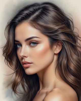 A beautifully rendered pastel color  pencil art portrait of a woman with a captivating gaze. The illustration showcases her delicate facial features, with soft shading and detailing that brings the image to life. The background is a subtle blend of gray tones, drawing focus to the woman's captivating expression and the intricate strands of her hair. The overall effect is a timeless, elegant piece that captures the essence of the subject's soul.,1girl,artint