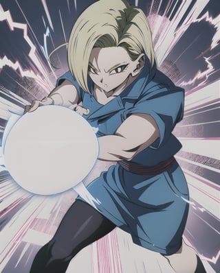 (best quality), (masterpiece),ultra-detailed,
1girl solo, andoroid 18, denim skirt, pantyhose,
emphasis lines,motion lines,(swirling:1.2) ,
 kamehameha, charging,energy ball, electricity, aura, dynbamic, kamehameha, Android_18_DB, casual wear, charging, casual wear,  look at viewer,  energy ball, ,LINEART,and18