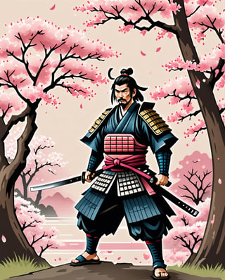 Create a pixel art illustration of a Japanese samurai, poised in traditional armor with a katana drawn, against a backdrop of cherry blossom trees. The samurai should emanate a sense of stoic honor, with intricate details on the armor and weapon. Use a limited color palette to evoke a nostalgic, retro feel. Incorporate subtle shading to enhance depth and dimensionality. Ensure the composition is balanced, with the samurai positioned centrally amidst the blossoms. Emphasize clean lines and sharp angles to capture the essence of pixel art. The final image should evoke a sense of timeless elegance and reverence for Japanese culture and history.