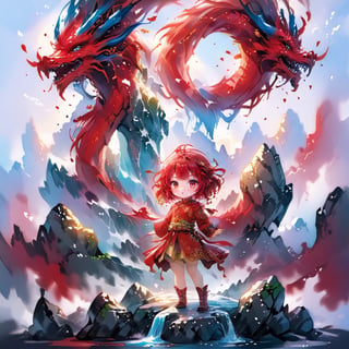 1dragon girl in chinese moutain top, wearing a red cheongsam dress with small gold detailed, eastern chibi dragon, waterfall, ((centered image)), fantasy, realistic,,,ani_booster,,,,painted world,,,,,,,,,,1dragon,art_booster,chibi,,<lora:659095807385103906:1.0>,<lora:659095807385103906:1.0>