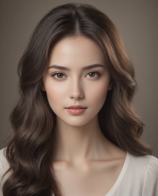 A high-quality, detailed portrait image of a beautiful young woman with long, lustrous dark brown hair styled in a flowing, wavy or slightly curled hairstyle. She has delicate facial features including large, expressive eyes, high cheekbones, and a slender, elegant nose. Her skin is flawless and glowing, and she has a serene, confident expression. She is wearing natural-looking makeup that accentuates her features. The background is softly blurred, placing the focus entirely on her captivating visage. The lighting is gentle and flattering, creating subtle shadows and highlights that enhance the depth and dimensionality of the portrait. The overall mood is one of poise, beauty, and digital influence. The image has a high level of photorealism and attention to detail.