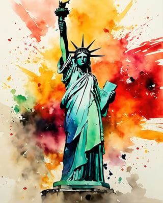 In this artistic endeavor, blend the traditional Chinese ink wash technique with the stylistic elements of Wu Guanzhong, melding them with the iconic symbol of liberty – the Statue of Liberty. Embrace the fluidity and expressiveness of Chinese ink painting, capturing the essence of freedom's embodiment with bold brushstrokes and dynamic composition. Integrate Western painting concepts such as color theory and abstraction to infuse the image with modernity and depth, enhancing the Statue's significance as a beacon of liberty. Focus on capturing the Statue's grandeur and the spirit of liberation it represents, infusing it with a sense of cultural fusion and contemporary resonance. Let this synthesis of Eastern and Western influences create a visually compelling narrative that celebrates the universal aspiration for freedom and human rights.,ink 