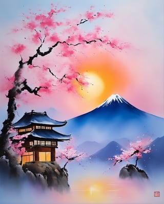 Envision a modern oil painting masterpiece themed around the dawn in Japan. The canvas unfolds in a symphony of soft hues as the first light pierces the tranquil darkness. The sky transitions from a velvety indigo to a gentle, rose-tinted glow, casting a serene atmosphere. Meticulously paint the silhouette of traditional pagodas and delicate cherry blossoms against the emerging light, creating a harmonious fusion of ancient and contemporary. Employ nuanced brushstrokes to capture the ethereal beauty of the awakening landscape, inviting viewers into a tranquil and poetic moment at the break of day in the Land of the Rising Sun.,japanese art