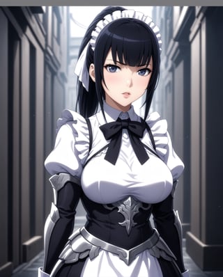 narberal gamma \(overlord\), 1girl, long hair, black hair, glay eyes, bangs, ponytail, medium breats, looking at viewer, glay eyes, anime waifu, upper body, parted lips, busty, blurry, lips,busty, large breasts, film noir, fantasy, dynamic, standng with arms behind back, noir, mafia, yakuza, ribbon, bow, maid, dress, armor, gloves, armored dress, puffy sleeves, apron, narberal gamma \(overlord\),photo r3al,ani_booster,<lora:659095807385103906:1.0>