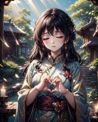 Create a serene and prayerful illustration featuring a female character. Envision a tranquil setting with soft, pastel hues, perhaps a serene garden or a peaceful temple. The woman should exude a sense of inner peace, with closed eyes and hands clasped in prayer. Incorporate elements like gentle sunlight or candlelight to enhance the peaceful ambiance. Emphasize a harmonious atmosphere with subtle details like floating cherry blossoms or ethereal light beams. Overall, convey a profound sense of tranquility and spirituality in the artwork, capturing the essence of peace and prayer.,pastelbg,leonardo, (4fingers and thumb:1.2), ,perfect,heart hands