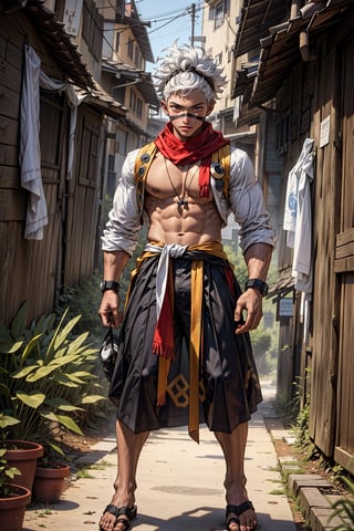 (((full white hair))), (incredibly big afro hairstyle), african male kid, young kid, male, (dark skin tone), shirtless ninja outfit, scarf with a hood, desert in the background
,red \(pokemon\)