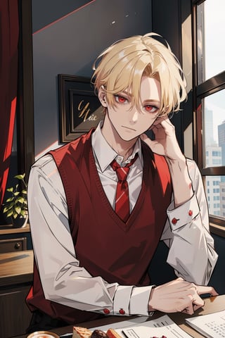 (masterpiece, best quality, highres:1.3), ( young handsome man, blonde hair, short hair, red eyes, glowing eyes, levi ackerman hairstyle,)   male focus, red necktie, sweater vest,  red vest, white shirt, school uniform, black pants, looking_at_viewer, bored, sitting, restaurant, behind table, table,  upperbody, date, day, window, resting head on hand, 