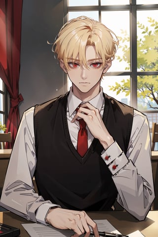 (masterpiece, best quality, highres:1.3), ( young handsome man, blonde hair, short hair, red eyes, glowing eyes, levi ackerman hairstyle,)   male focus, red necktie, sweater vest,  red vest, white shirt, school uniform, black pants, looking_at_viewer, bored, sitting, restaurant, behind table, table,  upperbody, date, day, window, 