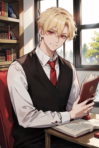 (masterpiece, best quality, highres:1.3), ( young handsome man, blonde hair, short hair, red eyes, glowing eyes, levi ackerman hairstyle,)   male focus, red necktie, sweater vest,  red vest, white shirt, school uniform, black pants, looking_at_viewer, sitting, behind table, table,  upperbody,  day, window, studying, library, books, bookshelves, smirk, viewed_from_side, close up