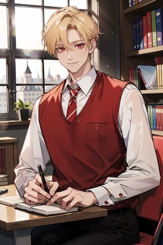 (masterpiece, best quality, highres:1.3), ( young handsome man, blonde hair, short hair, red eyes, glowing eyes, levi ackerman hairstyle,)   male focus, red necktie, sweater vest,  red vest, white shirt, school uniform, black pants, looking_at_viewer, sitting, behind table, table,  upperbody,  day, window, studying, library, books, bookshelves, smile, viewed_from_side