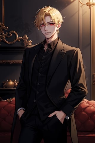 (man, tall, handsome, blonde, red eyes, glowing eyes, levi ackerman hairstyle, sharp eyes,), sexy, looking_at_viewer,  livingroom, smug, black pants, black shirt, hands on pockets, black suit,  elegant, mafia, mafia boss, luxurious, rich, 