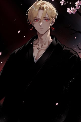 (masterpiece, best quality, highres:1.3), ( young handsome man, blonde hair, short hair, red eyes, glowing eyes, levi ackerman hairstyle,)  solo,  jewelry, male focus, earrings, japanese clothes, kimono, necklace, bracelet, petals, cherry blossoms, haori,  collarbone, black and red kimono