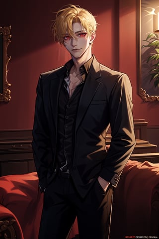  (man, young, tall, handsome, blonde, red eyes, glowing eyes, levi ackerman hairstyle, sharp eyes,), sexy, looking_at_viewer,  livingroom, smug, black pants, black shirt, hands on pockets, black suit,  elegant, mafia, mafia boss, luxurious, rich, unbuttoned shirt, 