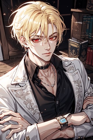 (Tall young handsome man, blonde, red eyes,  glowing eyes, levi ackerman hairstyle,) solo, looking at viewer, short hair, shirt, jewelry, jacket, upper body, male focus, earrings, necklace, collar, bracelet, book, black shirt, crossed arms, white jacket, watch, blonde hair