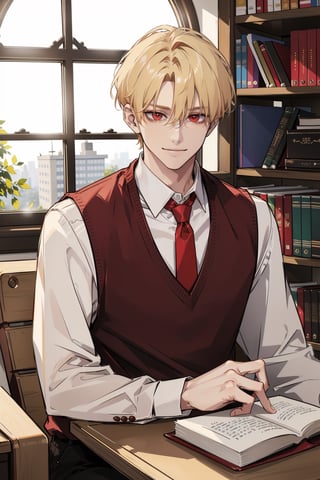 (masterpiece, best quality, highres:1.3), ( young handsome man, blonde hair, short hair, red eyes, glowing eyes, levi ackerman hairstyle,)   male focus, red necktie, sweater vest,  red vest, white shirt, school uniform, black pants, looking_at_viewer, sitting, behind table, table,  upperbody,  day, window, studying, library, books, bookshelves, smile, viewed_from_side