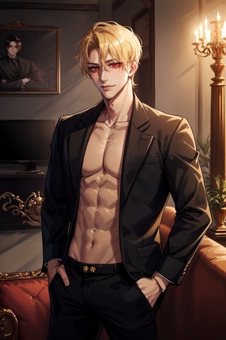 (man, tall, handsome, blonde, red eyes, glowing eyes, levi ackerman hairstyle, sharp eyes,), sexy, looking_at_viewer,  livingroom, smug, black pants, hands on pockets,  elegant, mafia, mafia boss, luxurious, rich,  shirtless