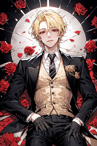 (Tall young handsome man, blonde, red eyes,  glowing eyes, levi ackerman hairstyle,) solo, shirt, black hair, gloves, long sleeves, closed mouth, jacket, white shirt, flower, male focus, cowboy shot, lying, necktie, striped, collared shirt, pants, black gloves, on back, vest, black jacket, rose, black pants, formal, suit, red flower, facing viewer, red rose, striped necktie, blonde hair,1 girl