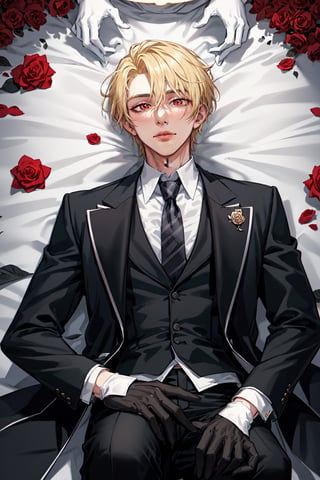 (Tall young handsome man, blonde, red eyes,  glowing eyes, levi ackerman hairstyle,) solo, shirt, black hair, gloves, long sleeves, closed mouth, jacket, white shirt, flower, male focus, cowboy shot, lying, necktie, striped, collared shirt, pants, black gloves, on back, vest, black jacket, rose, black pants, formal, suit, red flower, facing viewer, red rose, striped necktie, blonde hair