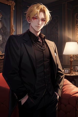 (man, tall, handsome, blonde, red eyes, glowing eyes, levi ackerman hairstyle, sharp eyes,), sexy, looking_at_viewer,  livingroom, smug, black pants, black shirt, hands on pockets, black suit,  elegant, mafia, mafia boss, luxurious, rich, blonde eyebrows,