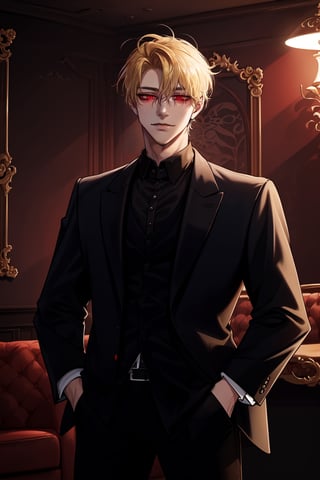 (man, tall, handsome, blonde, red eyes, glowing eyes, levi ackerman hairstyle, sharp eyes,), sexy, looking_at_viewer,  livingroom, smug, black pants, black shirt, hands on pockets, black suit,  elegant, mafia, mafia boss, luxurious, rich, 