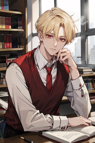 (masterpiece, best quality, highres:1.3), ( young handsome man, blonde hair, short hair, red eyes, glowing eyes, levi ackerman hairstyle,)   male focus, red necktie, sweater vest,  red vest, white shirt, school uniform, black pants, looking_at_viewer, sitting, behind table, table,  upperbody,  day, window, studying, library, books, bookshelves,