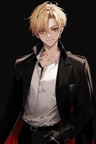 (masterpiece, best quality, highres:1.3), ( young handsome man, blonde hair, short hair, red eyes, glowing eyes, levi ackerman hairstyle,)  solo, looking at viewer, smirk, detailed background, shirt, gloves, long sleeves, collarbone, jacket, white shirt, male focus, black gloves,  open jacket, black jacket, 