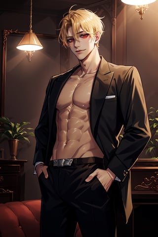 (man, tall, handsome, blonde, red eyes, glowing eyes, levi ackerman hairstyle, sharp eyes,), sexy, looking_at_viewer,  livingroom, smug, black pants, hands on pockets,  elegant, mafia, mafia boss, luxurious, rich,  shirtless